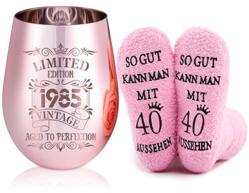 Geiserailie Regalos de Cumpleaños Divertidos para Mujeres Incluye Copa de Vino Bañada en Oro Rosa con Grabado y Calcetines de Cumpleaños Bodas Copas de Vino Tinto(40 Años)