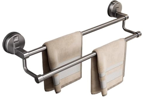 Porte Serviette de Ventouse Salle De Bain, Gris Double Barre Porte-Serviettes Mural en Aluminium, 2 Barres éTagèRe De Serviette De Bain, pour Cuisine Et Salle De Bains