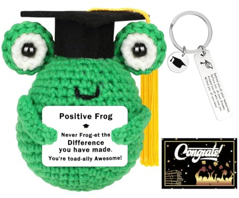 Vspek Positive Frog Gifts Graduation Keychain, Emotional Support Crochet Frog Doll with Positive Card, Mini Funny Knitted Animals, Graduation Gifts for Her Him Friend Sister Student