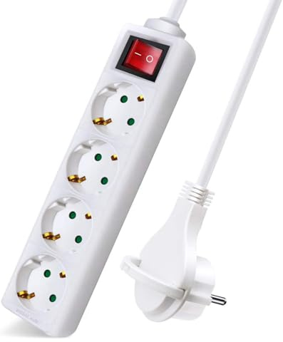 EXTRASTAR Regleta Alargador con 4 Enchufes e Interruptor, Cable 5M Clavija Plana, para el hogar, Oficina y Viajes, 16A, 250V, 3680W, Blanco