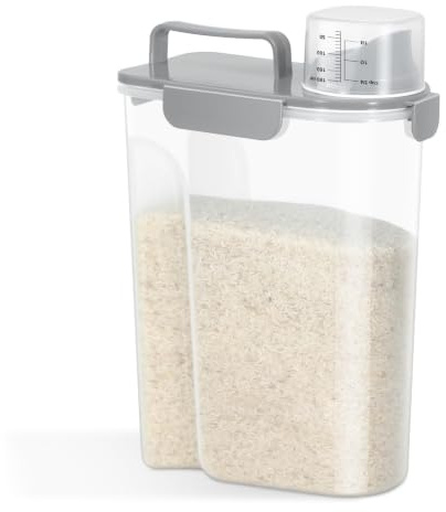 TBMax 5Liter Rice Container with Handle, Large Pour Spout Food Storage Container with Lid, BPA-Free Portable Storage Container for Pet Food, Cereal, Grain, Beans, Washing Powder, Light Grey | BPA-Free, Portable, Transparent, Lightweight, Easy Pour Out,Large Size