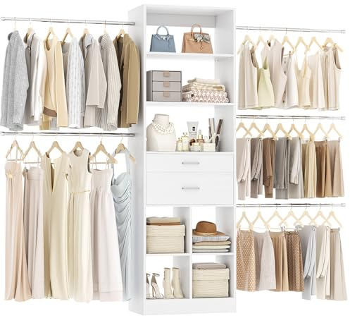 Besiost Closet System, 4-8 FT Closet Organizer Tower with 2 Wooden Drawers and 5 Hanging Rods, Can Fit 60 to 96 inch Walk-in Closet System, White