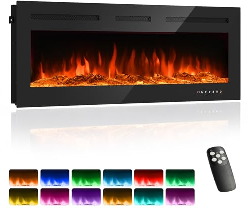 Elektrokamin, 3 in 1 Elektrischer Stand-, Wand- oder Einbaukamin mit 3D Flammeneffekt und 12 Flammenfarben, 900W/1800W Kamin mit Fernbedienung, Timer & Thermostat, Schwarz (60 inch)