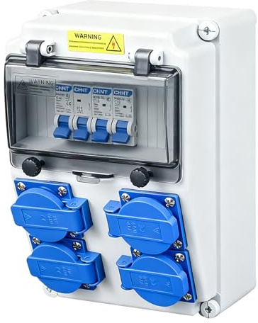 Baustromverteiler 16A 230V Wandverteilerkästen mit Leitungsschutzschalter, Stromverteiler Schalter Steckdose, FI-Schalter & Zähler, Aufputz Starkstrom Verteiler IP65 Wasserdicht für Innen/Außen