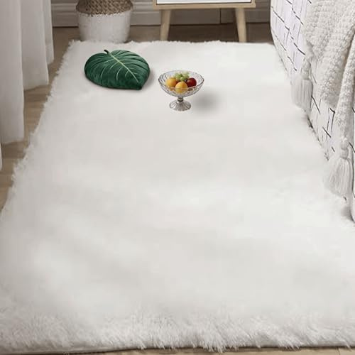 FEIJUAND Moderner Hochflor Teppich 100 x 230 cm mit rutschfest Unterseite Weich Shaggy Teppich Waschbar Flauschig Weich Einfarbig Felloptik für Schlafzimmer, Küche, Flur, Weiß