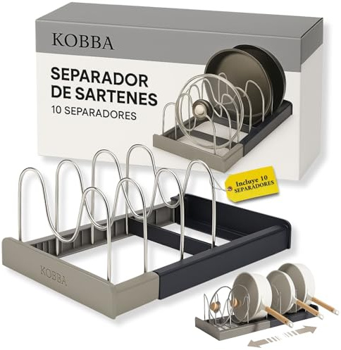 KOBBA Organizador de Sartenes y Ollas para Cajones | 10 Separadores de Acero Inoxidable Ajustables Grosor Extra| Soporte Tapas Ollas y Organizador Utensilios Cocina | Extensible de 31 a 56 cm.