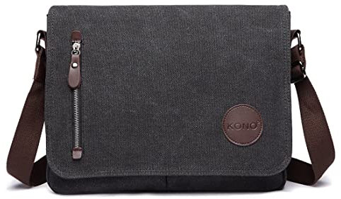 KONO Leinwand Laptop Messenger Taschen 13,5 Zoll Canvas Satchel Messenger Schultertasche Umhängetaschen für Herren Arbeits-Laptoptasche (Schwarz)