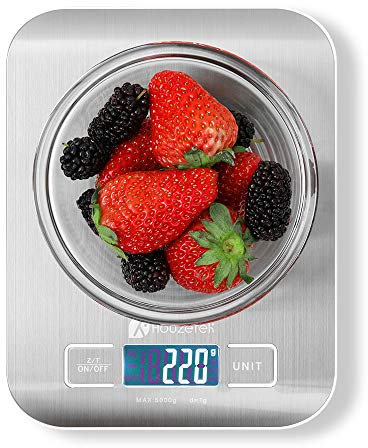 Houzetek Balance de Cuisine Electronique en Acier INOX LCD, Balance de Cuisine avec Bouton d'unité Automatique, Balance de Précision 0.01oz / 1g, 5kg/11lb Maximum,Fonction Tare, Auto-arrêt