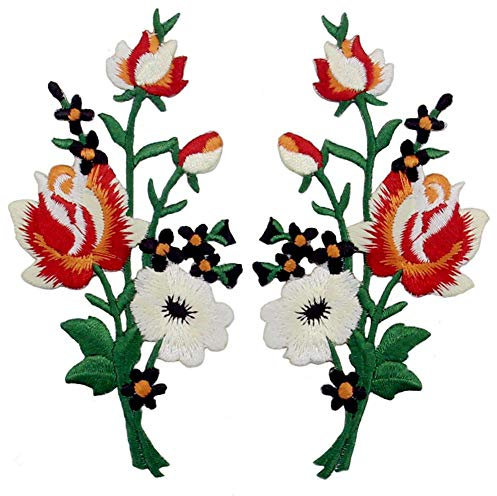 Aufnäher, bestickt, Design: Retro Blumen Strauß Boho Rose, zum Aufbügeln oder Aufnähen, rot-Weiss