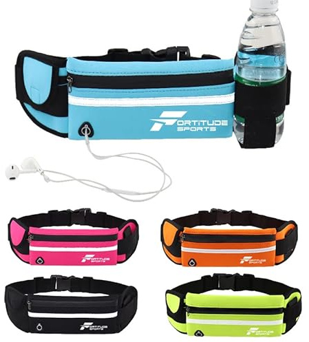 Fortitude Sports Laufgürtel mit Handyhalterung, Laufgürtel für Handys, Kopfhörer und Wasserflasche, wasserdichter Laufgürtel für Damen und Herren, hellblau, Einheitsgröße
