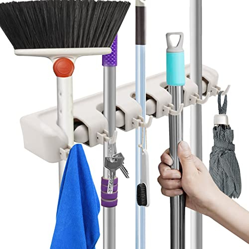 Trintion Broom Mop Holder with 5 Position 6 Hooks Wall Mounted Tools Organizer Storage Rack for Brush Mop Broom Tool Storage Multipurpose Brush Holder for Bathroom Kitchen Garden Garage