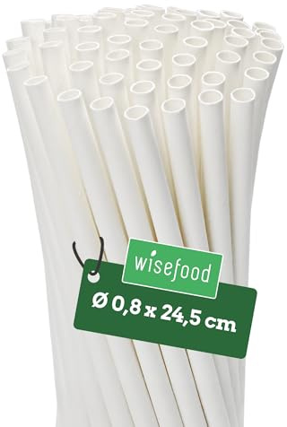 wisefood papperssugrör, 2000 st. vita sugrör av papper, Ø 8 mm x 24,5 cm, fria från PLA/PE, biologiskt nedbrytbara engångssugrör av robust papper