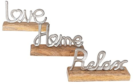 levandeo 3er Set Schriftzug Love Home Relax Silber Mango Holz Metall Aufsteller Deko Buchstaben Tischdeko