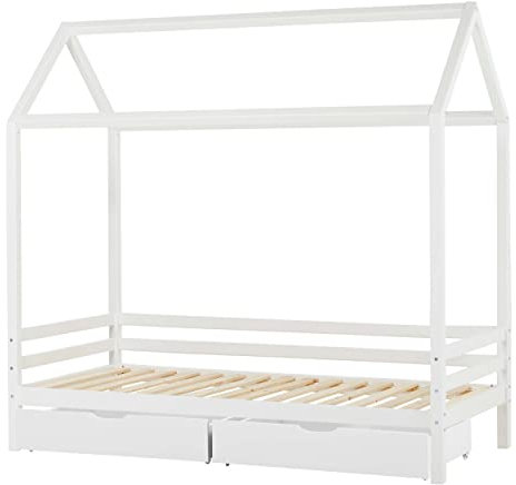 Hoppekids ECO Dream Hausbett | 90x200 | Weiß mit Zwei schubladen | FSC®-zertifiziertes massives Kiefernholz aus der EU | Entworfen in Dänemark