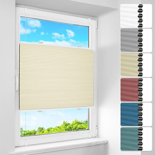 BelleMax Wabenplissee ohne Bohren Verdunkelung Thermo Plissee Klemmfix, Beige-weiß 55x130 cm (BxH), 100% Blickdicht Verdunklungsplissee, Schallschutz Sonnenschutz Doppelplissee für Fenster