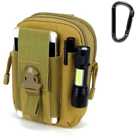 Piscorush Tactical Waist Pouch MOLLE EDC Outdoor Man Waist Bag with Phone Belt Clip Holder Holster Carrying Pouch for Smartphone (With Easy Carabiner, Khaki)