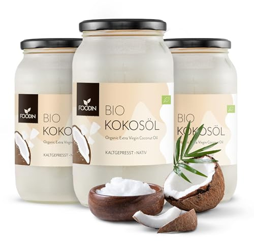 FOODIN Kokosöl, Premium Nativ & Natürlich, kaltgepresst, Bio-Kokosöl, Bio-Kokosfett, am besten für Haut und Haare, Rohkostqualität - ideal zum Braten und Kochen (3 x 1000 ml)