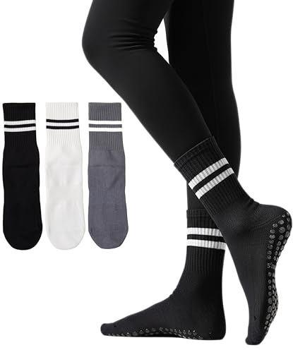 Irisbear Womens Pilates Socks with Grips Non Slip Yoga Socks Barre Hospital Athletic Grippy Socks for Women 3 PACK BLACK WHITE GRAY