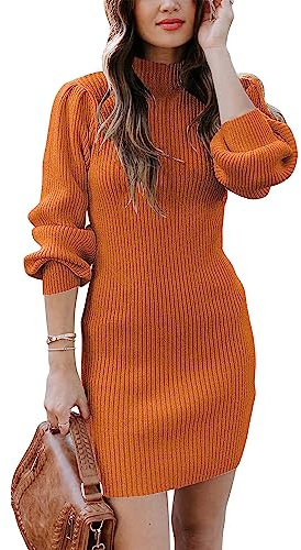 Timuspo Women's Knitted Dress Long Sleeve Jumper Dress Mini Turtleneck Sweater Long Sleeve Dresses Casual Winter Dresses for Spring Autumn Winter Orange