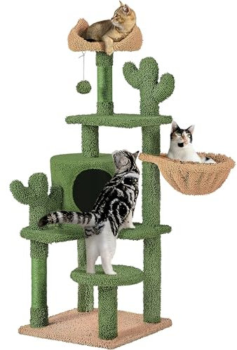 Yaheetech Kaktus Kratzbaum 135 cm hoch Stabiler Katzenbaum Katzenkratzbaum mit Aussichtsplattform Katzenhöhle Liegemulde Sisalstämme Plüschball Grün-Braun