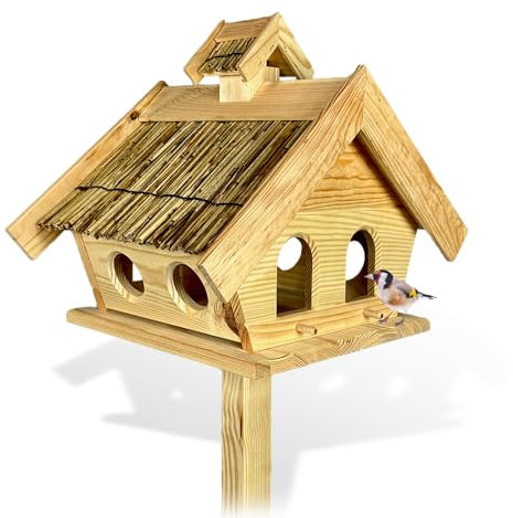 GARTENETAGE Vogelhaus Holz mit Reetdach und 2in1 Ständer/Vogelhaus mit Ständer wetterfest und stabil/Vogelfutterhaus mit Ständer/Robustes Vogelhäuschen für Balkon und Garten