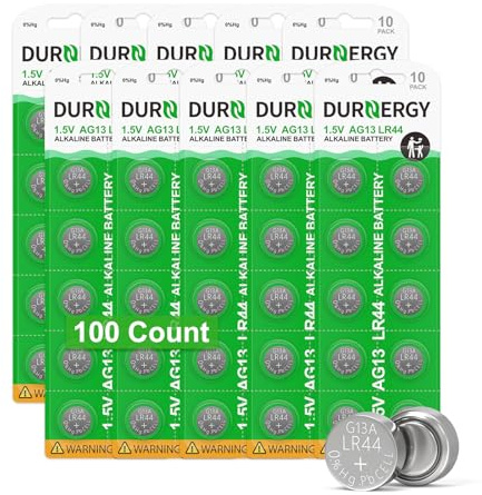 DURNERGY LR44 Batteries 100 Pack, AG13 L1154F 357 303 SR44 A76, Premium Alkaline Battery 1.5V Button Coin Cell Batteries