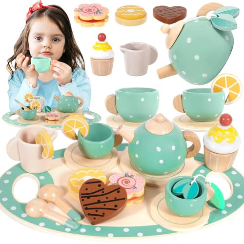 ENCOUN 17Teeservice Kinder Holz Set, Tee Set Holzspielzeug, Teeparty Spielküche Rollenspiele, Tee Sets Kinder Teeservice mit Dessert, Kinderküche Zubehör Geschenk für Kinders Mädchen Jungen