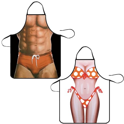 Sexy Kitchen Apron Muscle Man & Bikini Woman for Cooking BBQ Baking, 2 Pcs