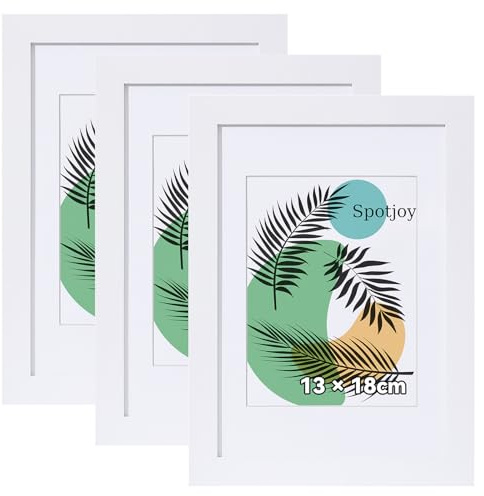 Spotjoy Bilderrahmen 13 x 18cm, 3er Set, MDF-Rahmen Holzrahmen mit Acrylglas Fotorahmen für Tisch- und Wandmontage Echtholz Passepartout Dokumentenrahmen Zertifikatsrahmen, Weiß