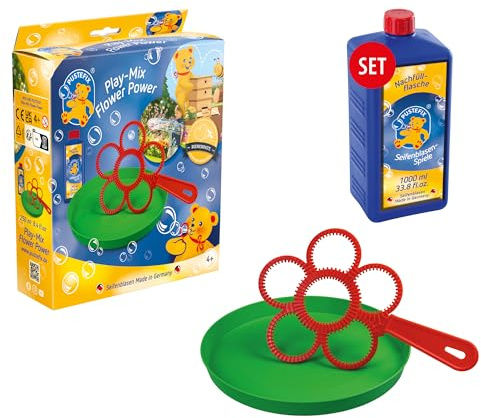 PUSTEFIX Blasring Set Flower Power I Seifenblasen Kinder Set mit Seifenblasen Flüssigkeit in 1 L Nachfüllflasche I Seifenblasenring in Blumenform
