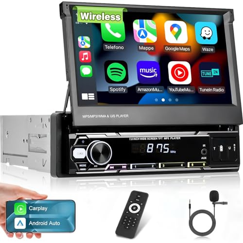1 Din Autoradio mit Bildschirm Unterstützung Kabelloses Carplay & Android Auto - 7 Zoll HD Flip Out Touchscreen Autoradio mit GPS Mirror Link SWC FM/AM/RDS AUX USB U Disk + Mic