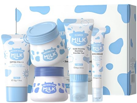 5-Piece Milk Protein Skincare,Skincare Set Skin Care for Teenage Girls Set Facial Care Sets&Kits with Cleanser Eye Serum Moisturizer,Travel Kit for Pores Blackheads Exfoliate