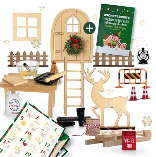 Milula Studios Wichteltür Set Weihnachten – Komplettes Zubehör mit Briefen, Bastelvorlagen & Deko – Kreatives Baustellen-Thema für Weihnachtswichtel – Fantasievolles Geschenk für Kinder & Familie