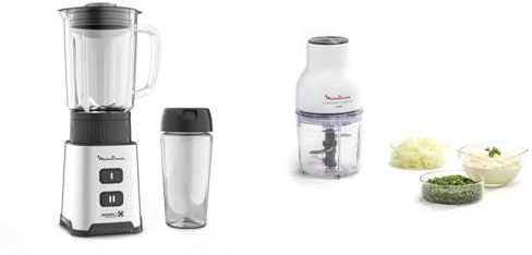 Moulinex Blender, Mini mixeur compact, 400 W, Technologie Powelix, Lames amovibles & Hachoir électrique, 400 ml, 300 W, 4 lames, Fonctions 3-en-1, Emince, Hache, Mixe, Système de pression simple