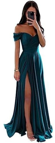 ECDAHICC Skulderfritt Brudtäktklänning För Dam Satin Lång Slits Elegant Formell Kvällsklänning A-linje Bröllops- och Festklänning, Mörkblå, XS
