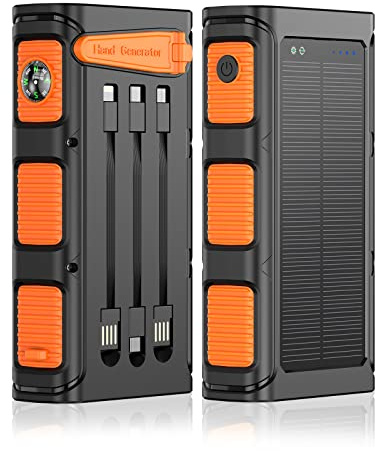 Solar Power Bank 30000MAh, Hand Cranked Power Eingebaute Kabel Drahtlose Aufladung Dual Scheinwerfer Abnehmbare Solarpanele