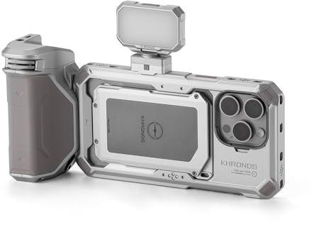 TILTA Khronos - Jaula de teléfono para iPhone 15 Pro Max con mini panel LED y mango Focus PD, equipo de video móvil, estabilizador de funda para smartphone, kit básico de titanio blanco TK-IP15-PMB-TW