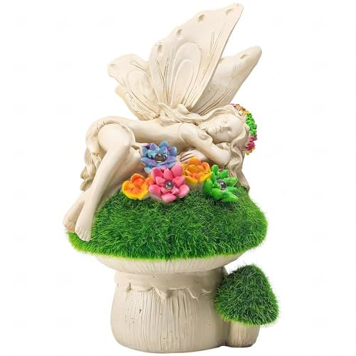 FIYSON Fairy Engel Figur Garten Solarlampen für Außen, Schlafende Elfen mit Beflockung Pilz Gartenfigur, IP65 Wetterfest Harz LED Solarlampen Garten Statue, für Terrasse Balkon Rasen (Stil 2)