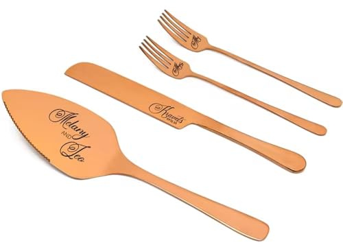 Personalisiertes Kuchenmesser Und Servieren Set, Benutzerdefinierte Name/Datum Hochzeitstorte Schneiden Set, Edelstahl-Messer Schaufel Und Gabeln Für Hochzeit, Jubiläum, Geburtstagsparty(Rose Gold)