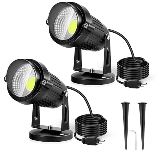LemonBest Landscape Lights - 5W 110V Outdoor Spotlight - Waterproof IP65-3000K Cool White LED Landscape Lights - 5ft Cable for Yard Garden Patio Driveway House (Include Spike) (2 Pack)