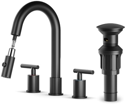 Ryuwanku Matte Black Pull Down Bathroom Faucet with Pop-up Drain, 8 inch Widespread Bathroom Faucet 3 Hole with Pull Down Sprayer 2 Modes. 8'' Matte Black Bathroom Faucet with Supply Lines