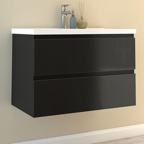 HAPAOSO 80cm Badezimmer Waschtisch mit Unterschrank Keramik-Waschbecken mit Unterschrank Schwarz Hochglanz
