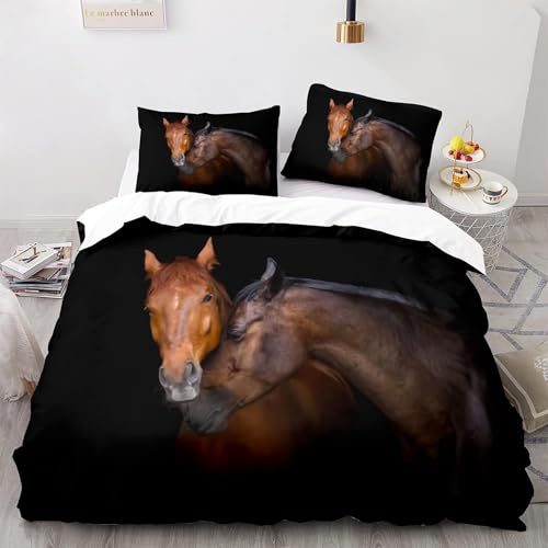 NYSMGS Kinderbettwäsche 135x200 Pferd Mädchen Jungen Kinder 3D Druck Tiere Schwarz Bettbezug Weich Mikrofaser Bettwäsche-Sets 2Teilig mit Reißverschluss und Kissenbezüge 80x80cm a02