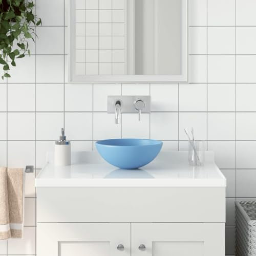 LAPOOH Lavabo de Cuarto de baño, Lavabo sobre Encimera, Lavamanos para Baños, Lavabo Baño, Mueble Lavabo, Muebles De Baño, Redondo cerámica Azul Claro