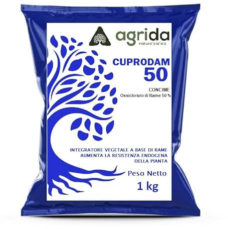 AGRIDA - CUPRODAM50 Piante, effetto Fungicida per Piante - Concime contro Malattie Peronospora, Bolla del Pesco, Oidio - Polvere Bagnabile Biologica 1 chilo