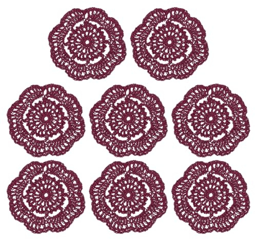 sourcing map Crochet Doilies, 8Pcs 4 Cotton Woven Fabric Coasters, Lace Round Handmade Coasters with Floral Pattern for Wedding Party Decoration (Wine Red)