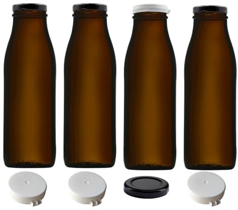 mikken 4 braune Glasflaschen 500 ml Milchflaschen mit Schraubdeckel und 4 Frischhaltedeckeln inkl. Etiketten