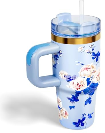 Bestaa 14oz Tumbler mit Griff und Stroh, Thermobecher mit Strohhalm Tumbler mit Deckel und Stroh, 304 Edelstahl, Schule Sport im Freien (Blaue Blume)