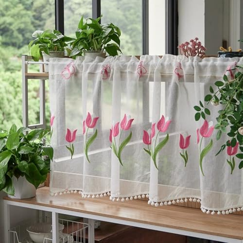 AQCQDQ Voile Scheibengardinen Kurzstore Landhausstil, Halbtransparenter Vorhangvolant, Bistrogardine Moderne Kleines Fenstervorhang Küchengardine für Café Balkontür und Fenster (60x180cm,C)