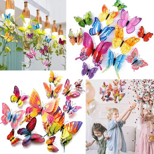 3D Butterfly Wall Stickers - 24 Pcs Removable & Reusable Decor with Adhesive/Magnets for Home, Bedroom, Party, Event